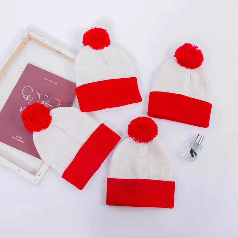 Rote Beanie für Männer und Frauen, Weihnachtsdekoration, farbblockierende Wollmütze, Halloween, gestreift, rote Wollknäuel-Strickmütze – Detail 17