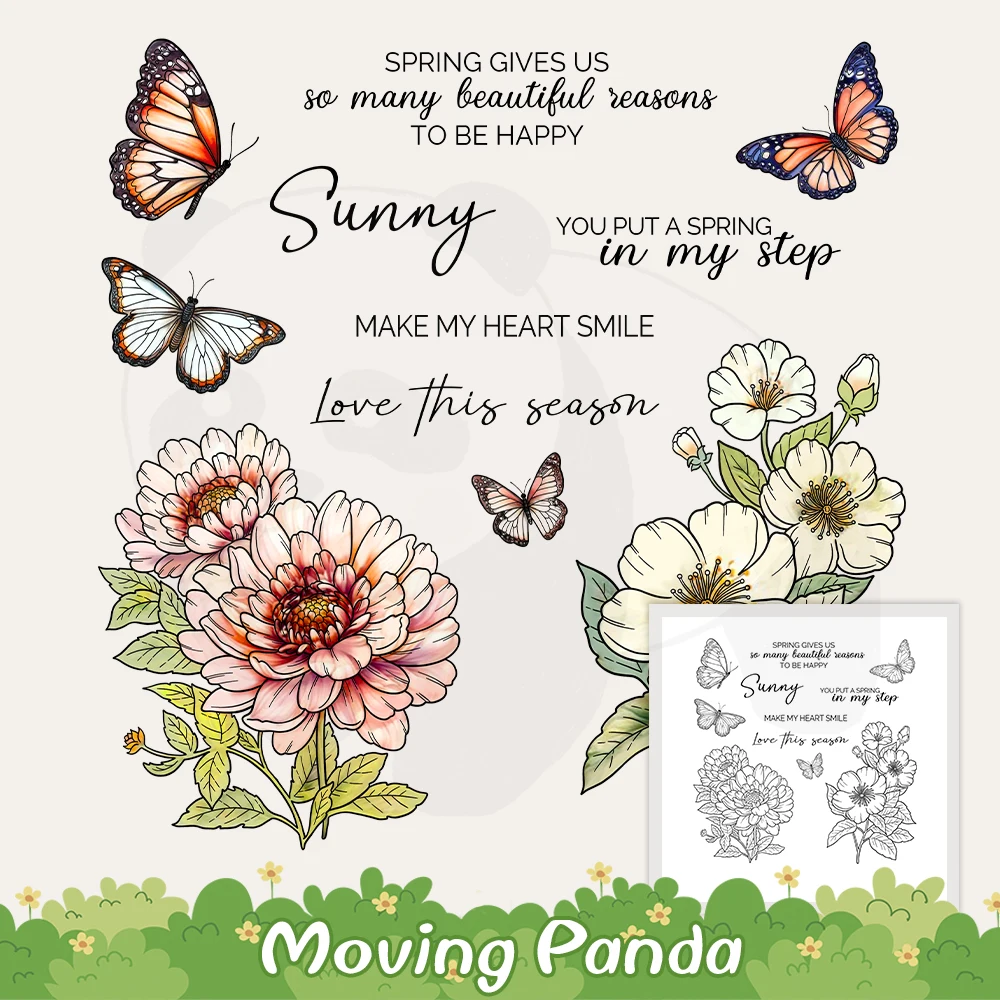 

Spring Blooming Flowers Butterfly Cutting Dies Clear Stamp DIY Scrapbooking Metal Dies Silicone Stamps For Cards Albums Crafts