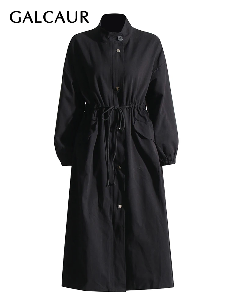 

GALCAUR Casual Minimalist Trenches For Women Lapel Long Sleeve Patchwork Zipper Solid Loose Spliced Drawstring Trench Female New
