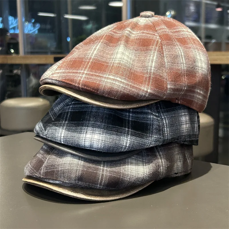 Autumn And Winter Japanese Plaid Warm Forward hat, Women's Retro Painter Hat, Versatile Fashion Hat, Men's Reverse Wearing Beret