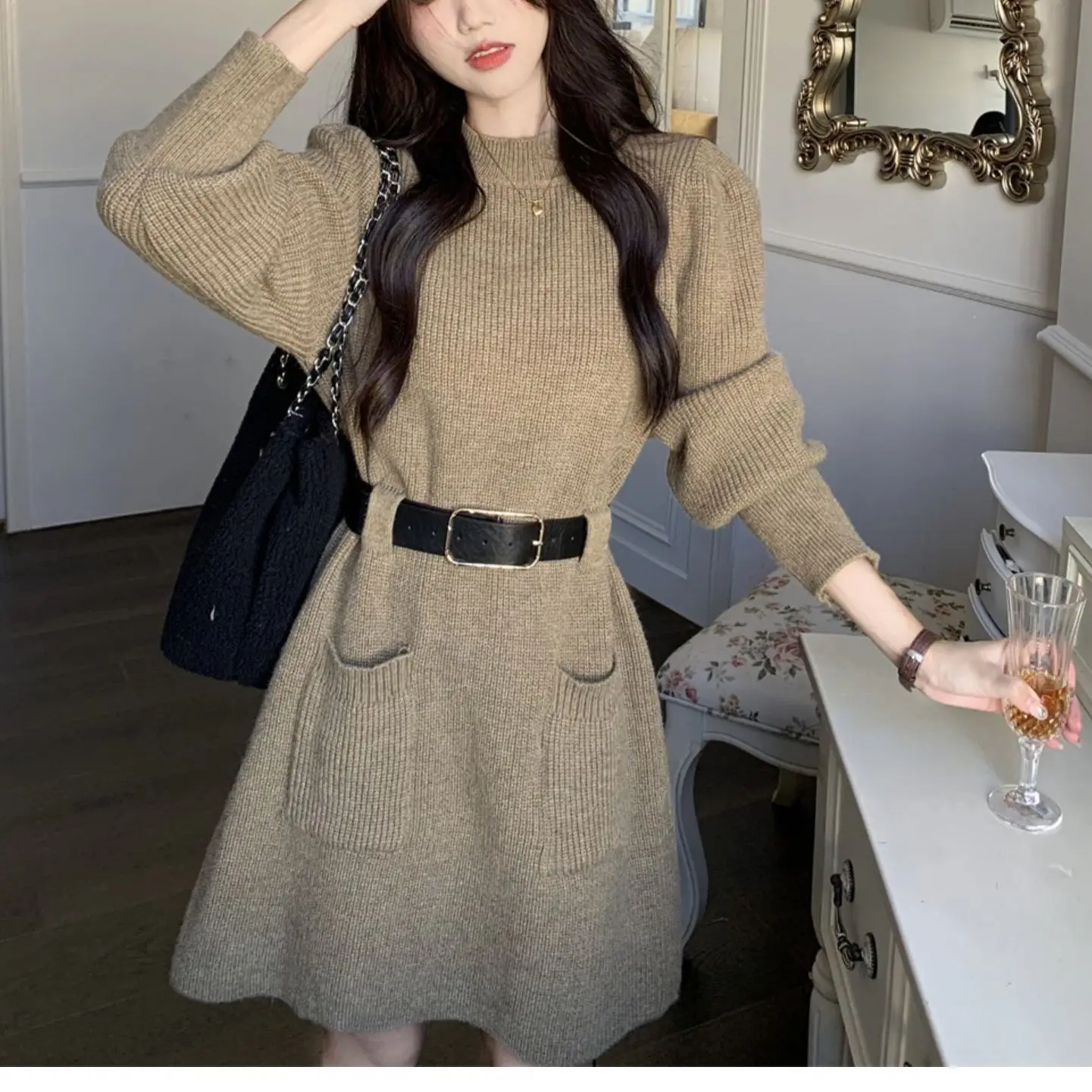 

Korean Style Solid Knitting Dresses Women Autumn Winter Mock Neck Belt Pocket Pullovers Fashion All-matched Knitwear