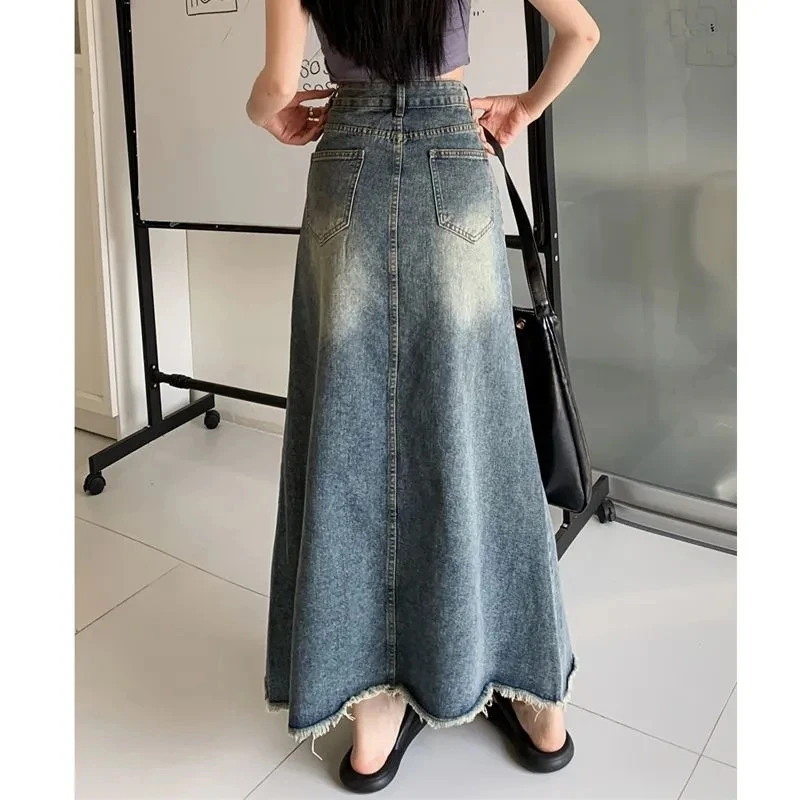 American Vintage Long Denim Skirt Women Pocket Design High Waist A  