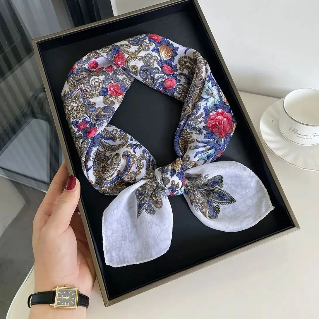 2025 Luxury Cotton Texture Print Female Neck Scarf Square Hair Scarves Foulard Head Band Shawls Wraps Neckerchief Bandana Women
