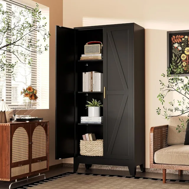 61H Black Pantry Kitchen Cabinet with Doors for Efficient Food Storage Freestanding Tall and Large Pantry Cabinet Ideal for Kit 3