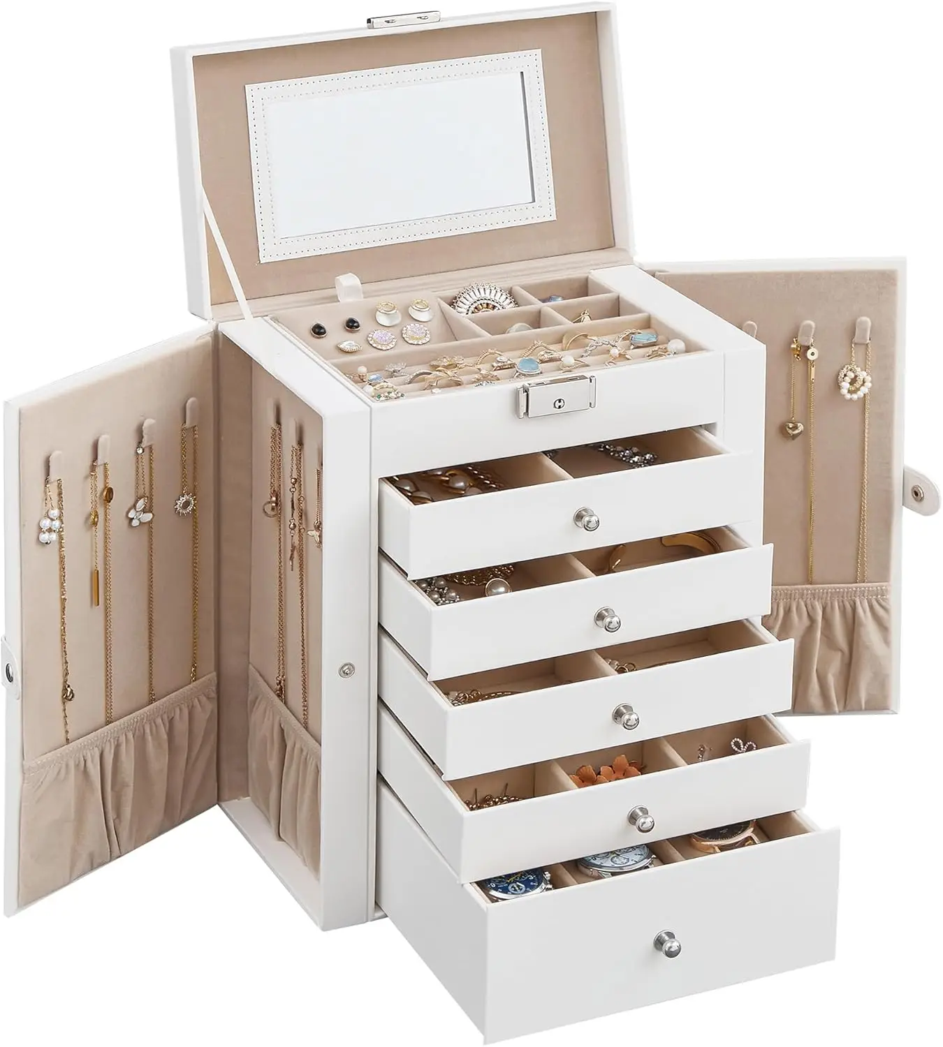 6-Tier Jewelry Box, Jewelry Storage Organizer with 5 Drawers, Large Storage Capacity, with Mirror, Lockable