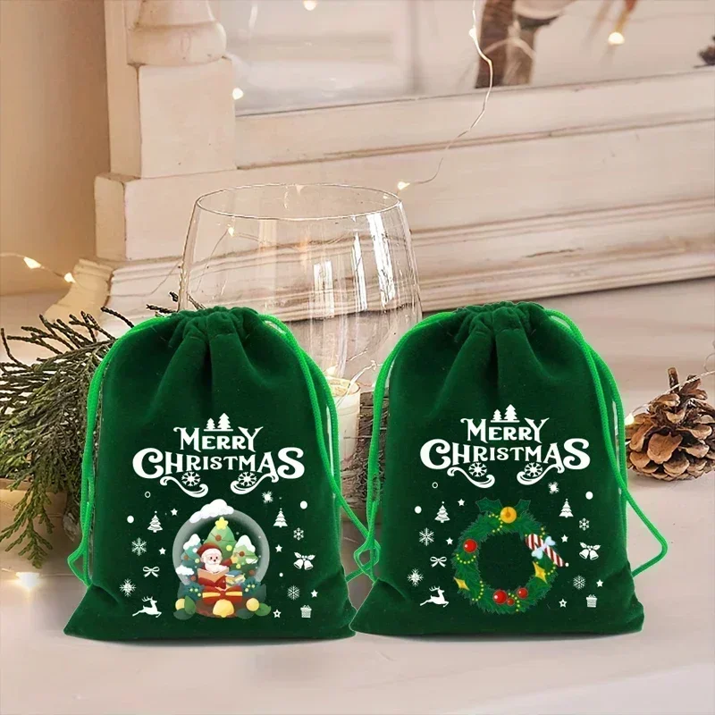 10Pcs Green Storage Fleece Green Drawstring Bags Candy Gift Bags Jewelry Packaging New Year Party Favors