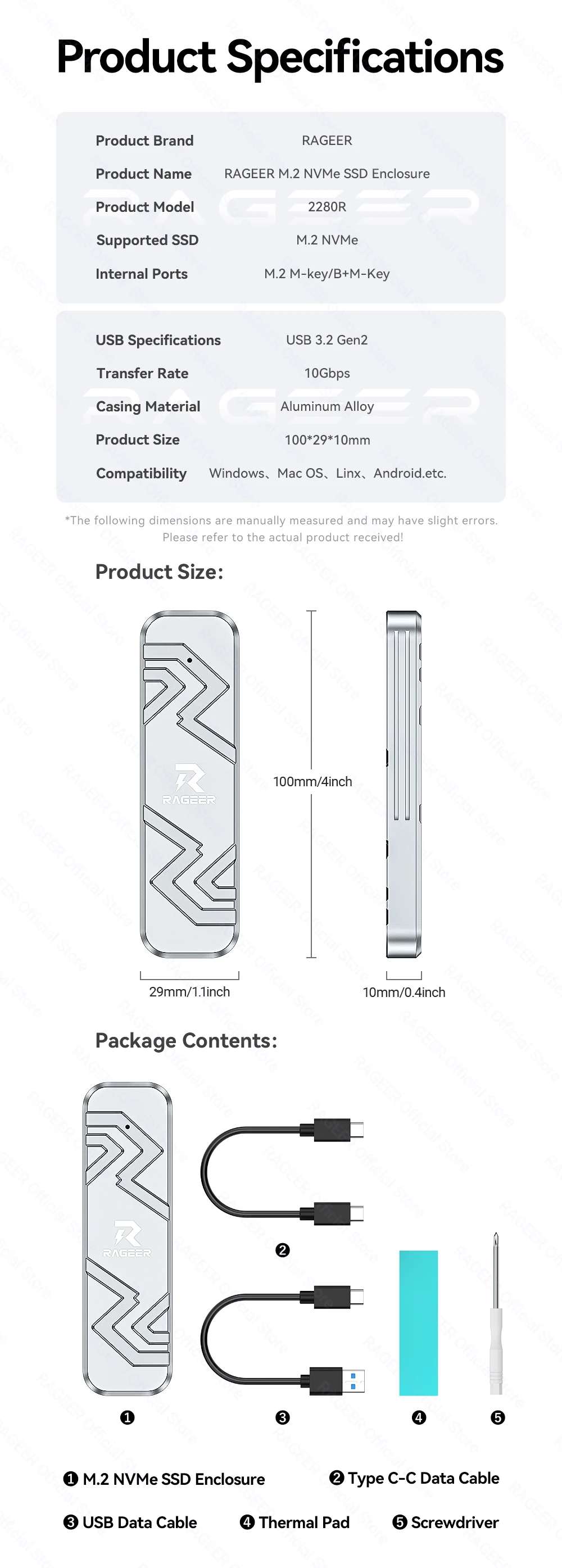 RAGEER M2 SSD-Gehäuse M.2 NVMe SSD-Gehäuse-Adapter 10 Gbit/s USB 3.2 Gen2 Aluminiumgehäuse Externes Gehäuse USB-A auf C&C auf C-Kabel – Detail 10