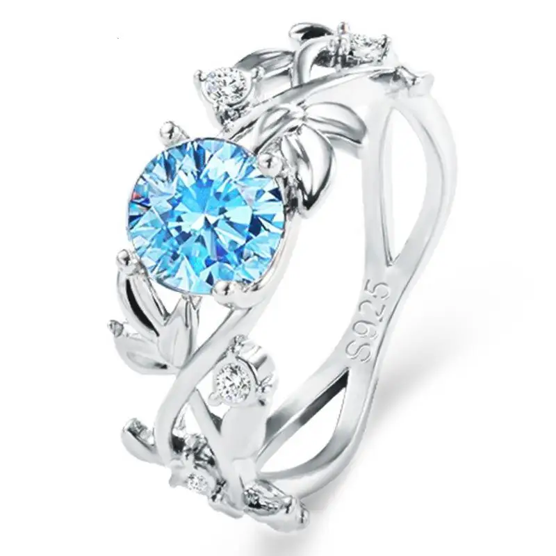 Wedding Rings 925 Silver Plated Blue Crystal Rings For Women Vintage Hollow Leaves Couple Ring