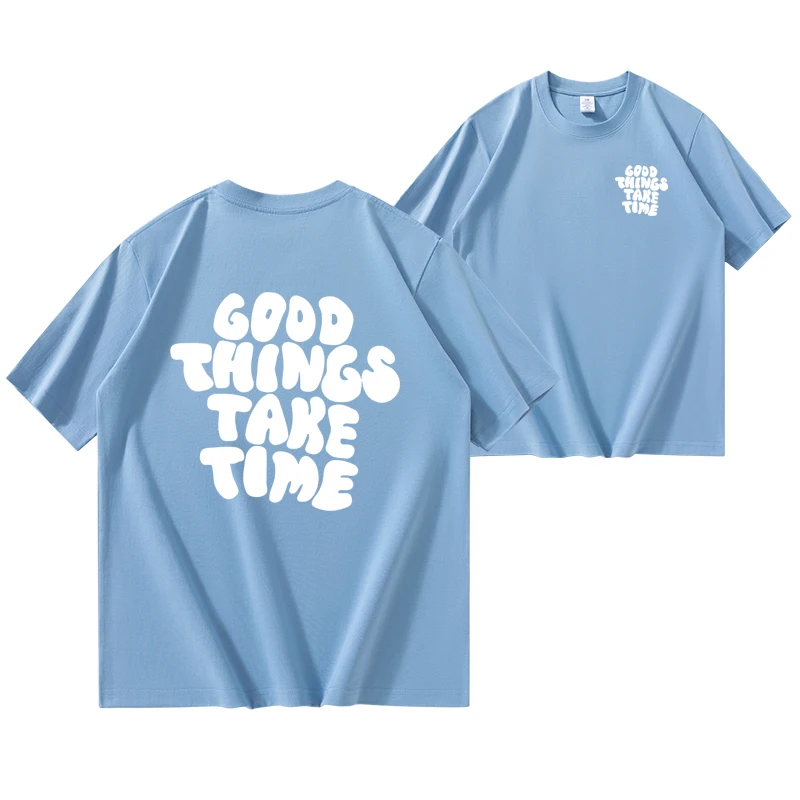 Gode ting tar tid Mønstertrykk Behagelig T-skjorte, Grafisk T-skjorte sommer utendørsklær, Herreklær, Overdeler for menn_voghion.com