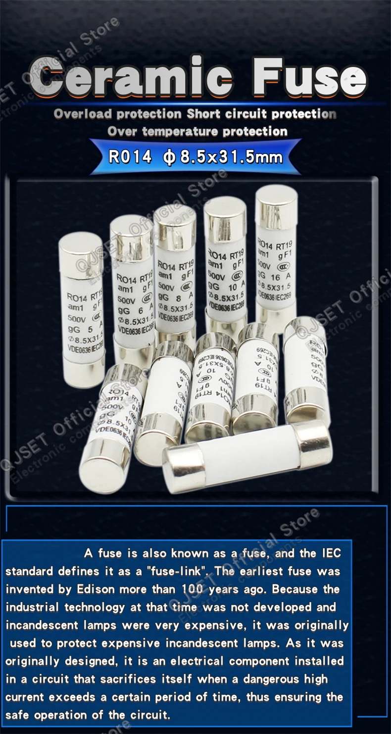 10 Stück R014 8,5x31,5 Schnellwirkende Keramiksicherung 8,5*31,5mm 500V 0,5A 1A 2A 3A 4A 6A 8A 10A 16A 20A 25A 32A 380V RO14 RT14 18 19 – Detail 1