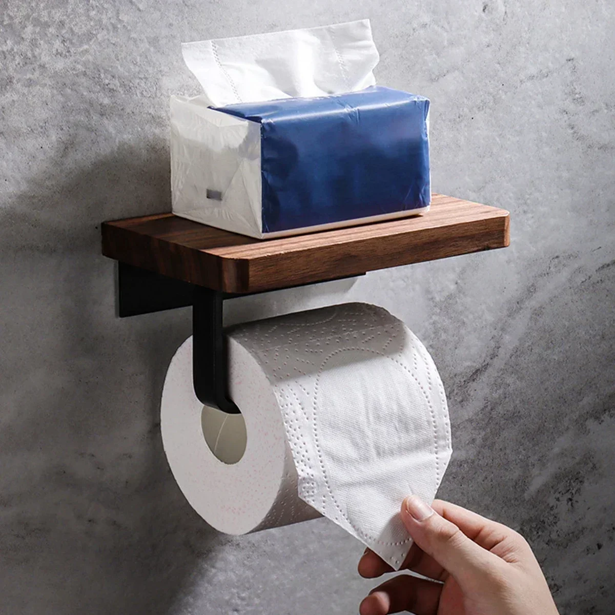 

Natural Toilet Wall Paper Shelf Roll No Tissue Bar Walnut Holder Punching Mounted Paper Wall Metal With Wooden Towel Mounted