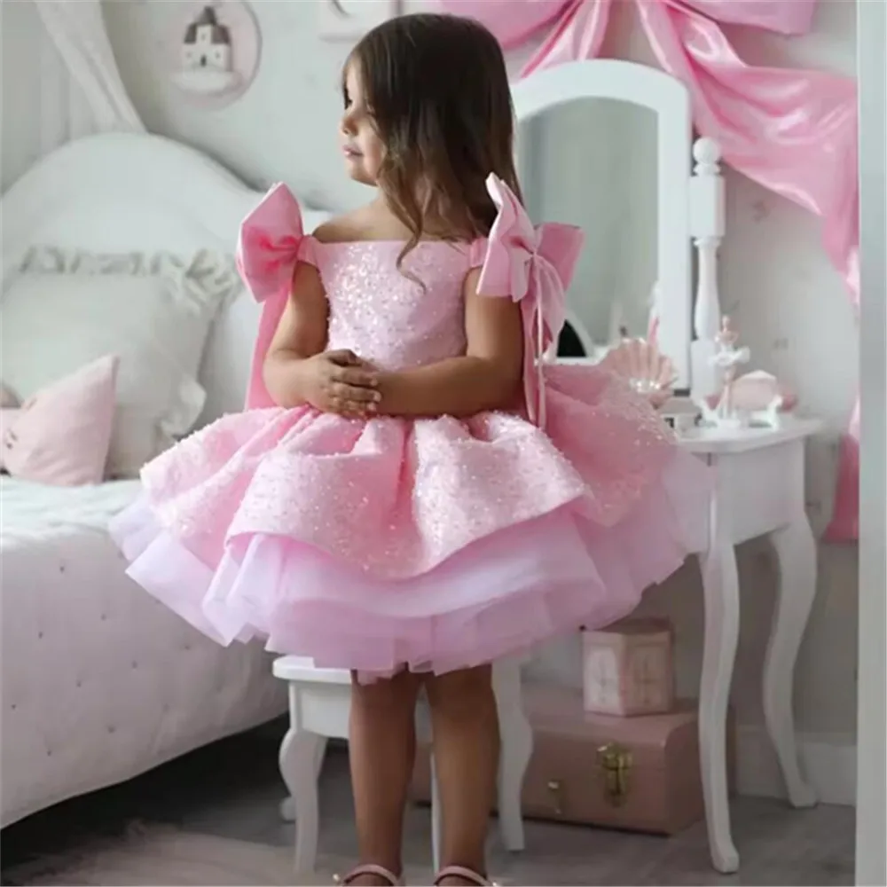 Pink Flower Girl Dresses For Wedding Sequins With Bow Knee Length Cute Princess Birthday Party First Communion Gown flower girl dresses
