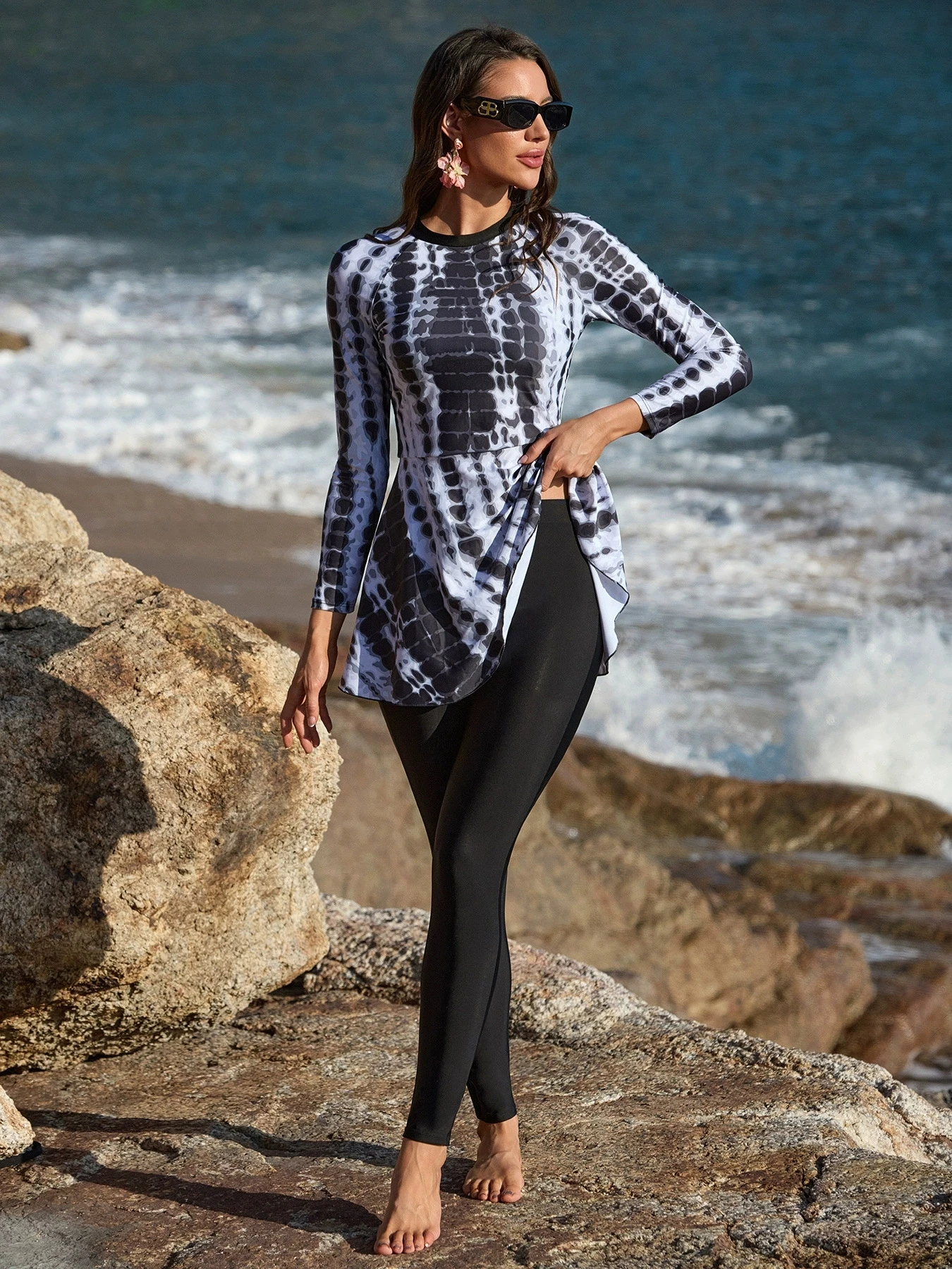 Stylish modest swimwear for women in gray and black design