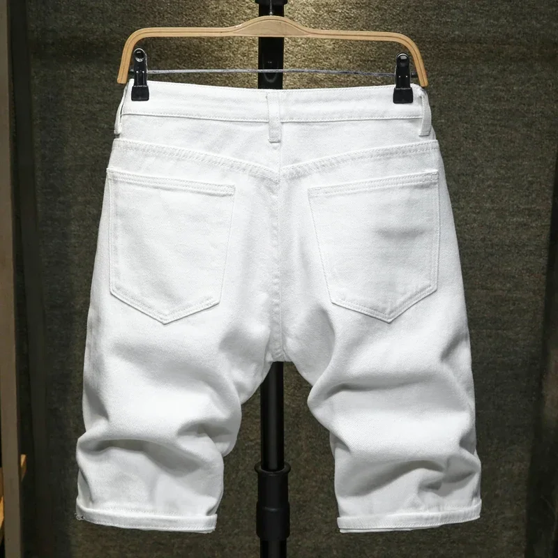 New White Jeans Shorts Men Fashion Ripped Knee Length Pants Simple Casual Slim Hole Denim Shorts Male Streetwear