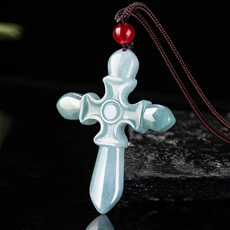 Genuine Natural Burmese Blue Emerald Cross Jade Pendant Necklace Carved Fashion Charm Jewelry Amulet Gifts for Women Men Luxury
