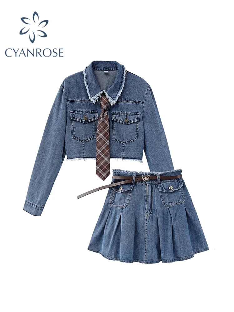 

Y2k Suit Women's Autumn Temperament Fashion 2022 New Korean Style Long Sleeve Blue Denim Jacket + High Waist Pleated Denim Skirt