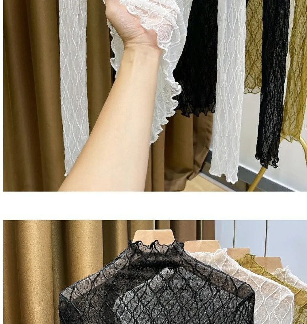 Sexy elegantes Rollkragen-Top, einfarbig, Mesh-Stoff, Spitzen-Top, hohles Muster, atmungsaktives Mesh-Top für Damen – Detail 10