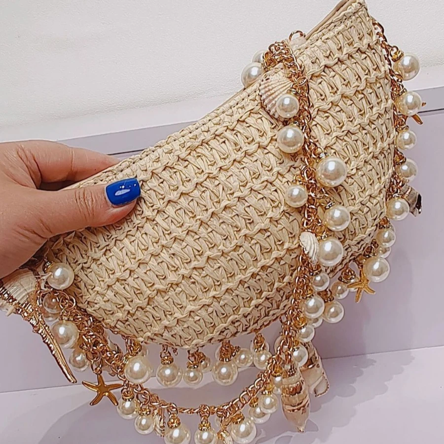 Bohemian Pearls Straw Bag Conch Starfish Women Handbags Half Moon Beach Shoulder Bag Designer Rattan Crossbody Bags Ladies Tote
