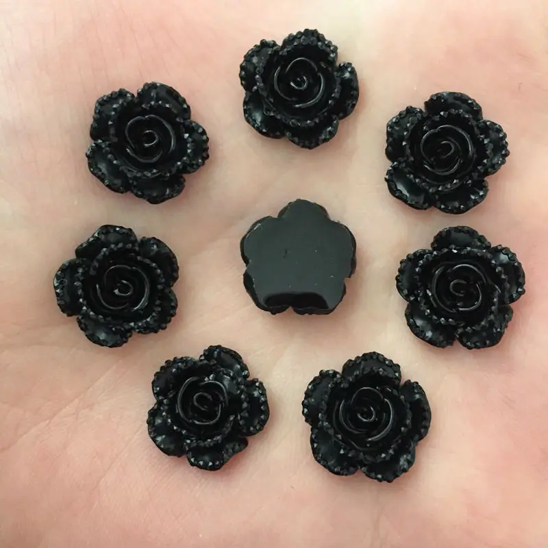 40Pcs 14mm 수지 블랙 로즈 플랫 백 꽃 돌 보석 스크랩북 웨딩 장식품 Applique 공예 DIY SD737