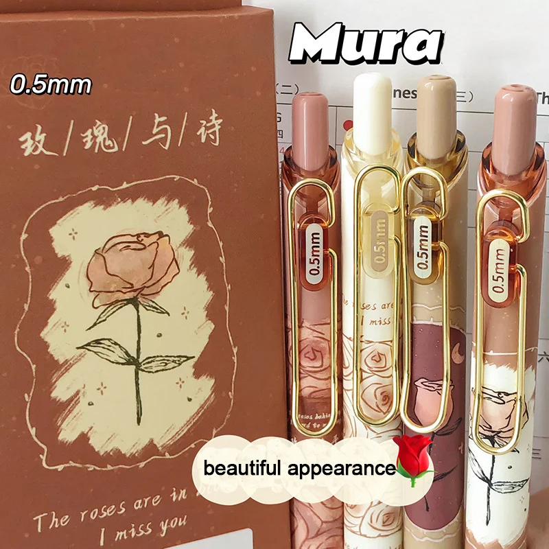 Gel Pen Rose and Poetry ST Nib Retractable Ballpen 0.5 mm Tip Ballpoint Black Ink Office Accessories School Supplies Stationery