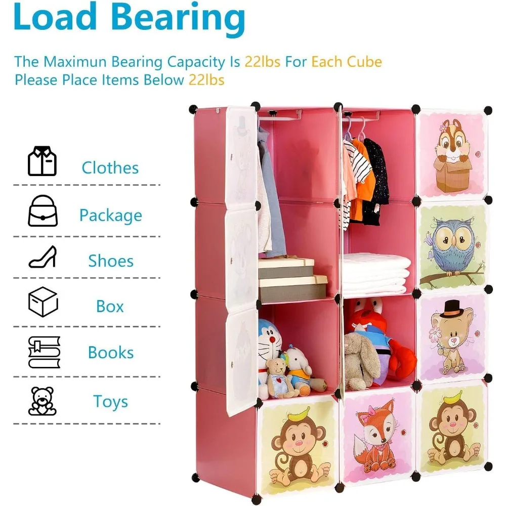 BRIAN&DANY Portable Cartoon Clothes Closet DIY Storage Organizer,Sturdy Safe Wardrobe Children Kids,8Cubes&2Hanging Sections 2