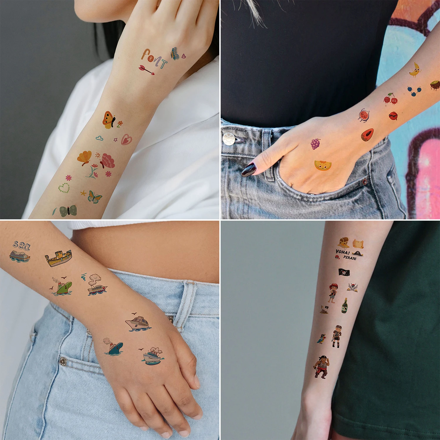 30pcs Cute Cartoon Tattoo Stickers, Unicorn, Animal, Mermaid, Car Wheel Boat, Space Robot, Fruit, Pirate, Butterfly Elf Tattoos 2