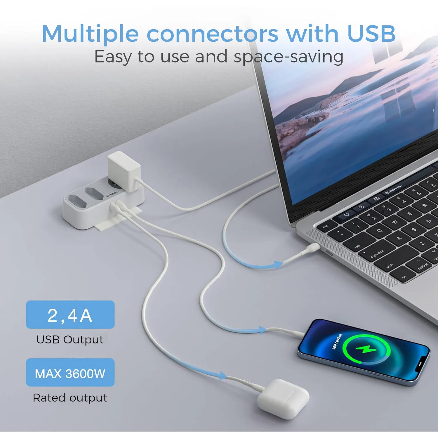 TESSAN 다중 벽 소켓 멀티탭, 3 콘센트, 1 USB A 1 타입 C, 과부하 방지, 5 인 1 플러그 어댑터