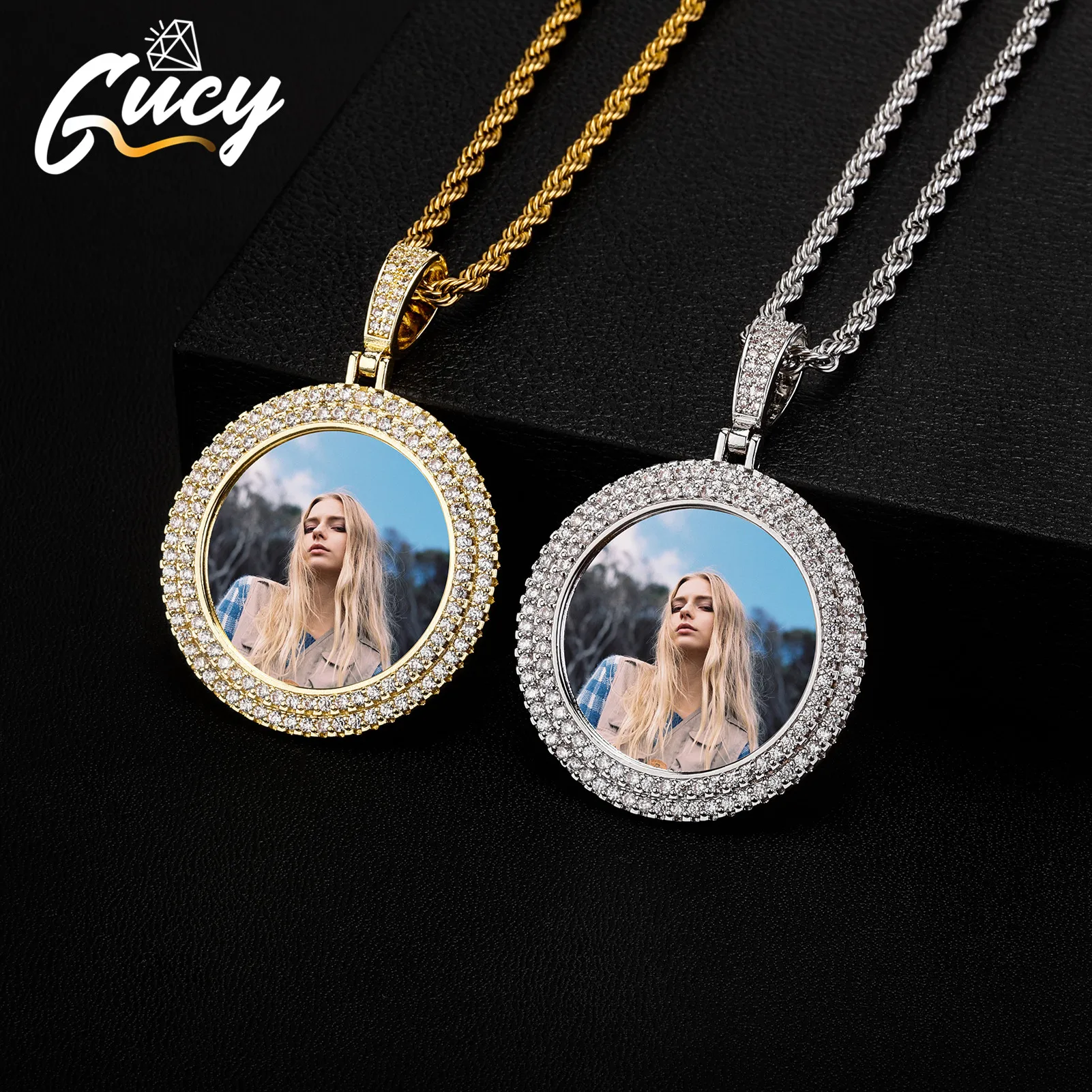 

Ожерелье GUCY с подвеской с фото на заказ, цепочка с подвеской с полным покрытием, 5А кубический цирконий, подвески в стиле хип-хоп, ювелирные изделия для прямой поставки