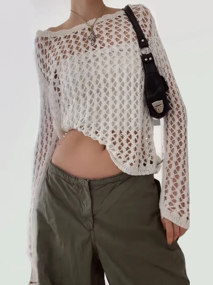 Rapcopter Y2k Holes Knitted Crop Top O Nekc Full Sleeve Crochet T