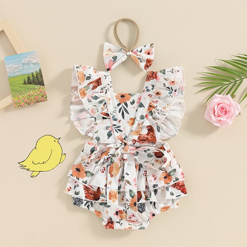 Visgogo-Baby Girl's Floral Print Romper com Headband Set, bodysuits sem mangas Ruffle, roupas de verão, Chick, 2pcs