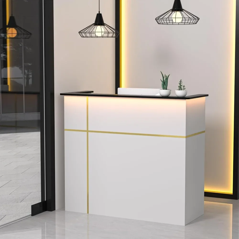 Reception Desk with Counter, Modern Front Table Equipped Lockers & Storage Shelves, 50-inch Checkout Counter with LED Lights 6