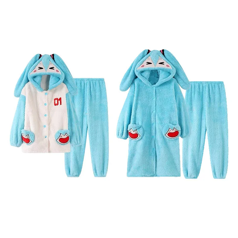 

Kawaii Cartoon Animation Peripheral Hatsune Miku Plus Velvet Thickened Hooded Pajamas Set Milky Two-Dimensional Home Clothes