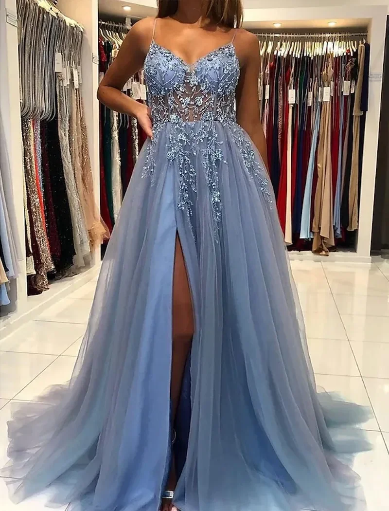 Simple and elegant Princess a Line Decal Italian Strap Luxury Evening dress Sexy V-neck backless floor-length PROM party dress