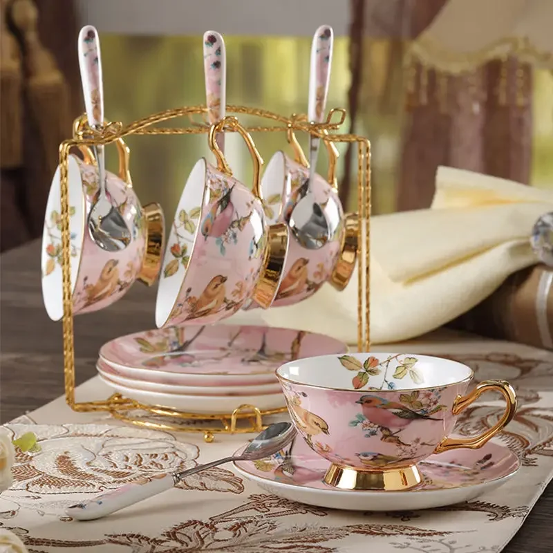 きなこページ♡ 3点セット 三島手 お皿 5枚セット Bone china Coffee Cup Set Pink Bird Porcelain Tea Cup Set