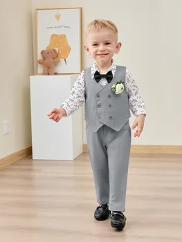 Baby Boy Clothes Suits 5PC Infant Gentleman Outfit Dress Shirt+Bowtie+Vest+Corsage+Pants  Toddler Boy Wedding Party Outfits 1