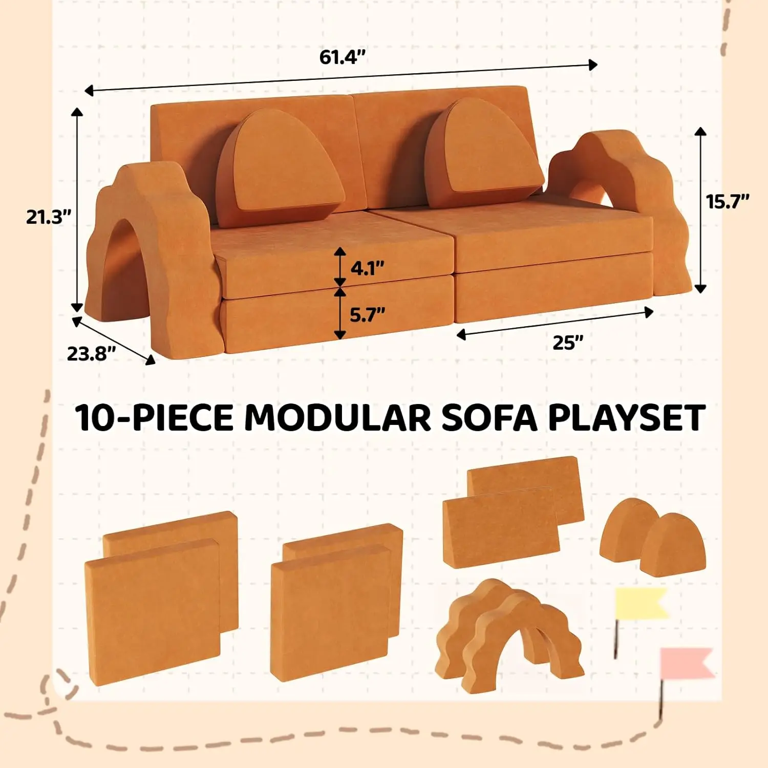 10pcs Modular Kids Play Couch, Child Sectional Sofa, Nugget Couch Large Size, Toddlers Floor Sofa W/Suede Cover, Convertible 3