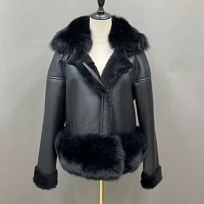 Shearing Real Sheepskin2022 New Lady Leather Jackets Winter Warm Real Fox Fur Collar Cuffs Fur Lining Short Coat Overcoats 7421B