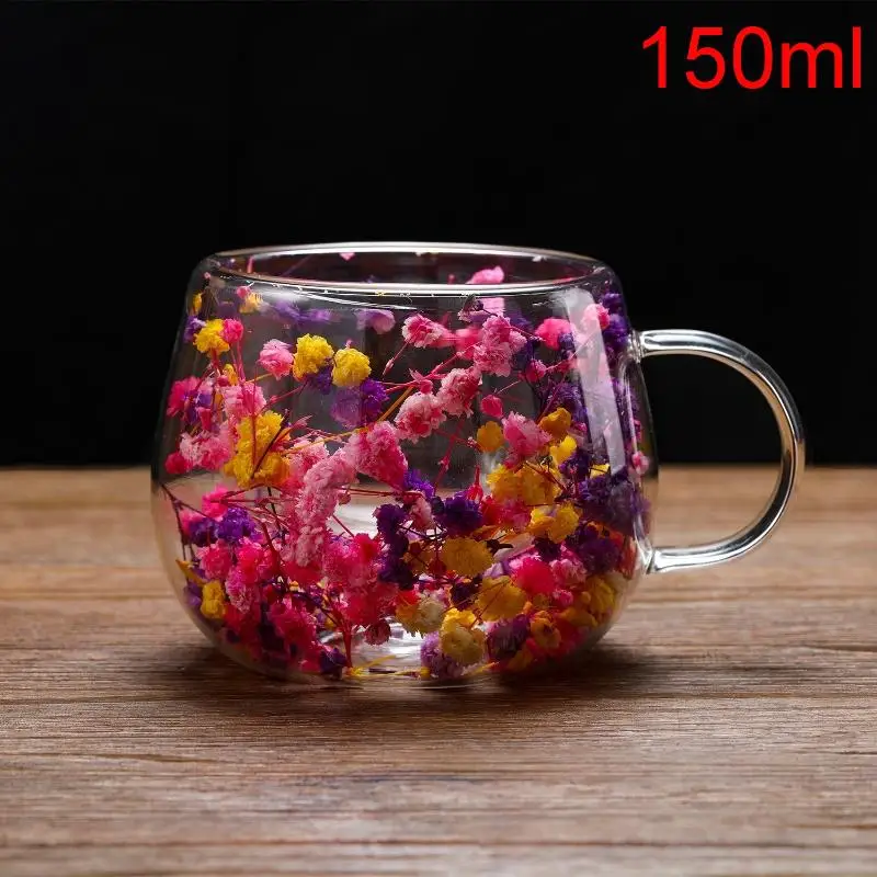 Elegant Double-Layer Glass Cup with Dried Flower Embellishment, Heat-Resistant