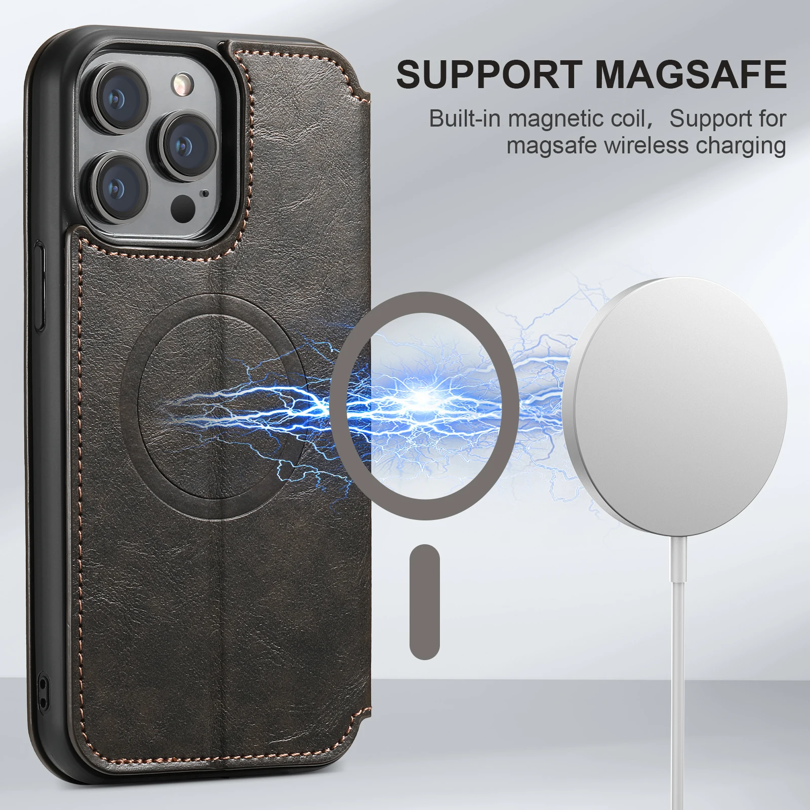 SUTENI Magsafe Leather Phone Case For iPhone 12 13 14 15 16 17 Pro Max Plus Flip Cover Wallet For Men Card Holder