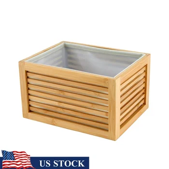 Bamboo Slatted Basket Organizer Decorative Storage Rectangle Lined 1