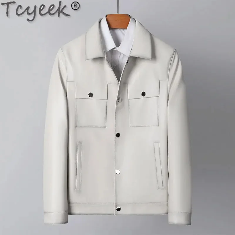 2024 Tcyeek Natural Leather Jacket Men Spring Autumn New Real Sheepskin Coats for Man Fashion Mens Jackets White Short Style