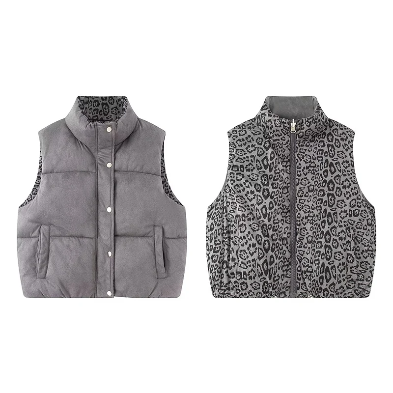 Autumn Winter Women Vest Fashion Wear On Both Sides Vintage Leopard Print Down Vests Coats Casual High Street Waistcoat Tops
