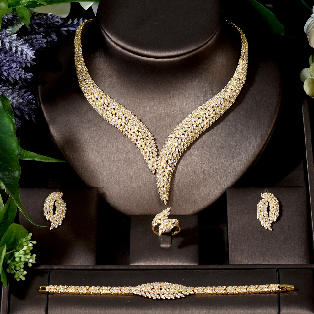 

4 Piece Qatar Luxury Bridal Set Popular Styling CZ Women's Large Wedding Necklace Earrings Set Dubai Wedding Jewellery Set