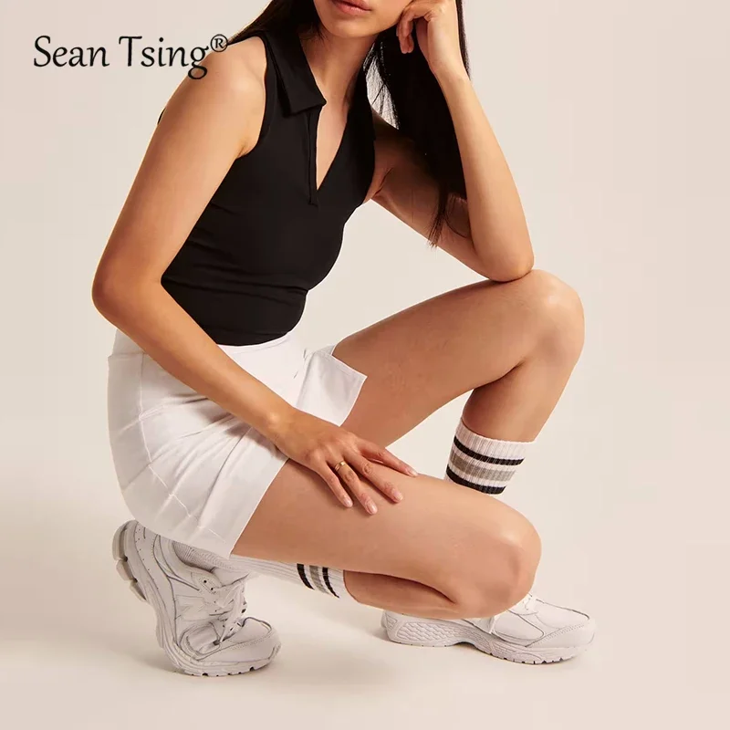 Sean Tsing&reg; Golf Tennis Vests Skirts Women Sleeveless Turn-Down Collar Polo Tank Tops Mini Skorts Badminton Bowling Sport Outfit