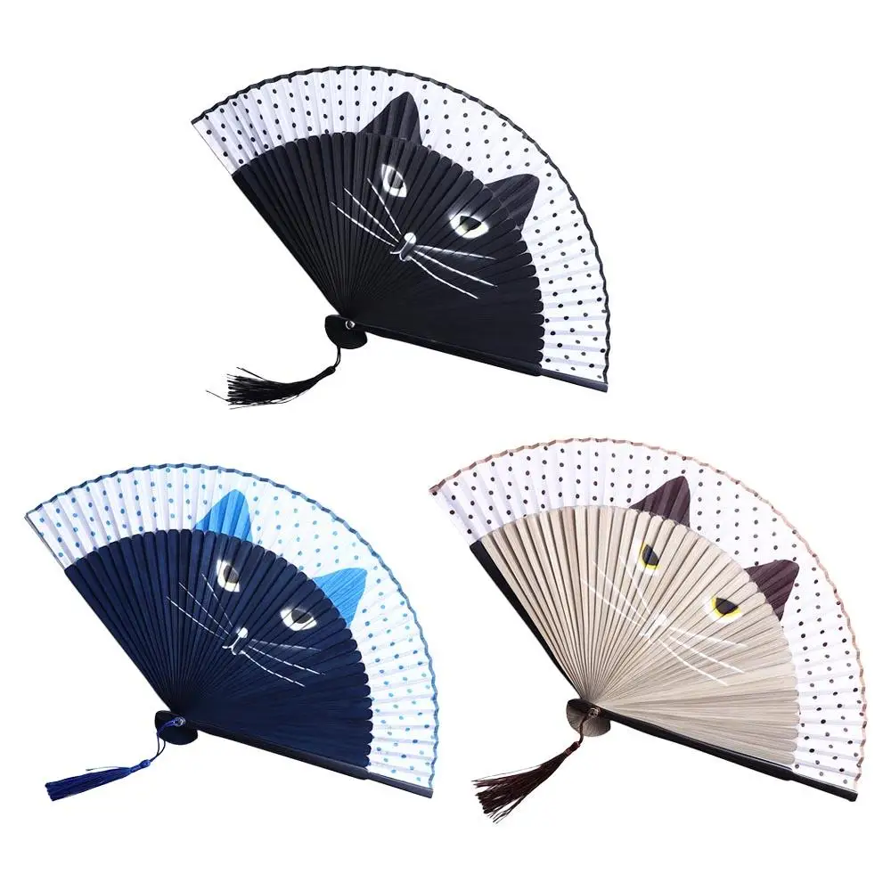 Quality Handmade Bamboo Wooden Cat Patterns Summer Gift Home Decoration Silk Fan Folding Fan Crafts 1 pcs folding fan,hand fan,wooden hand fan
