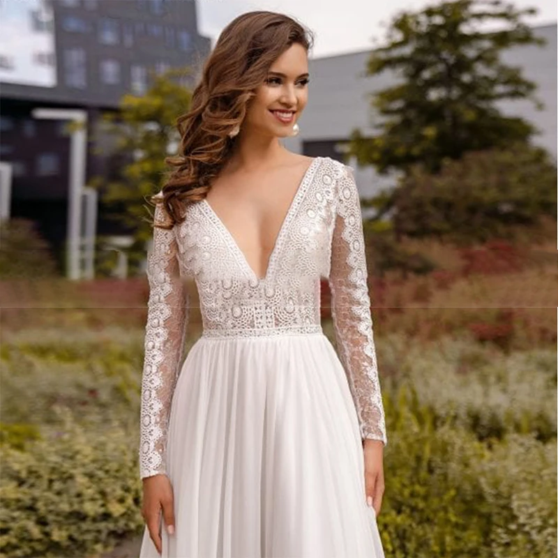 VIKTORIA Charming Chiffon A Line Bridal Dress 2022 Sexy V-neck Applique Lace Long Sleeve Backless Wedding Gowns with Sweep Train blue wedding dress