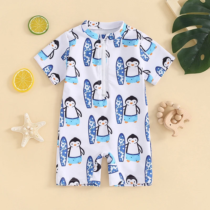 FOCUSNORM 0-3Y Summer Baby Boy's Swimwear Short Sleeve Dinosaur Print Half Zip Up Rash Guard Bathing Suit