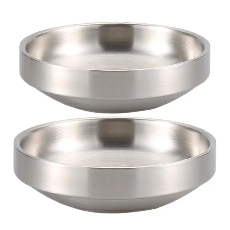 Double-Layer Round Kimchi Plate Dish 304 Stainless Steel Rice Bowl Cold Noodle Plate Bowl Insulation Anti-Scalding