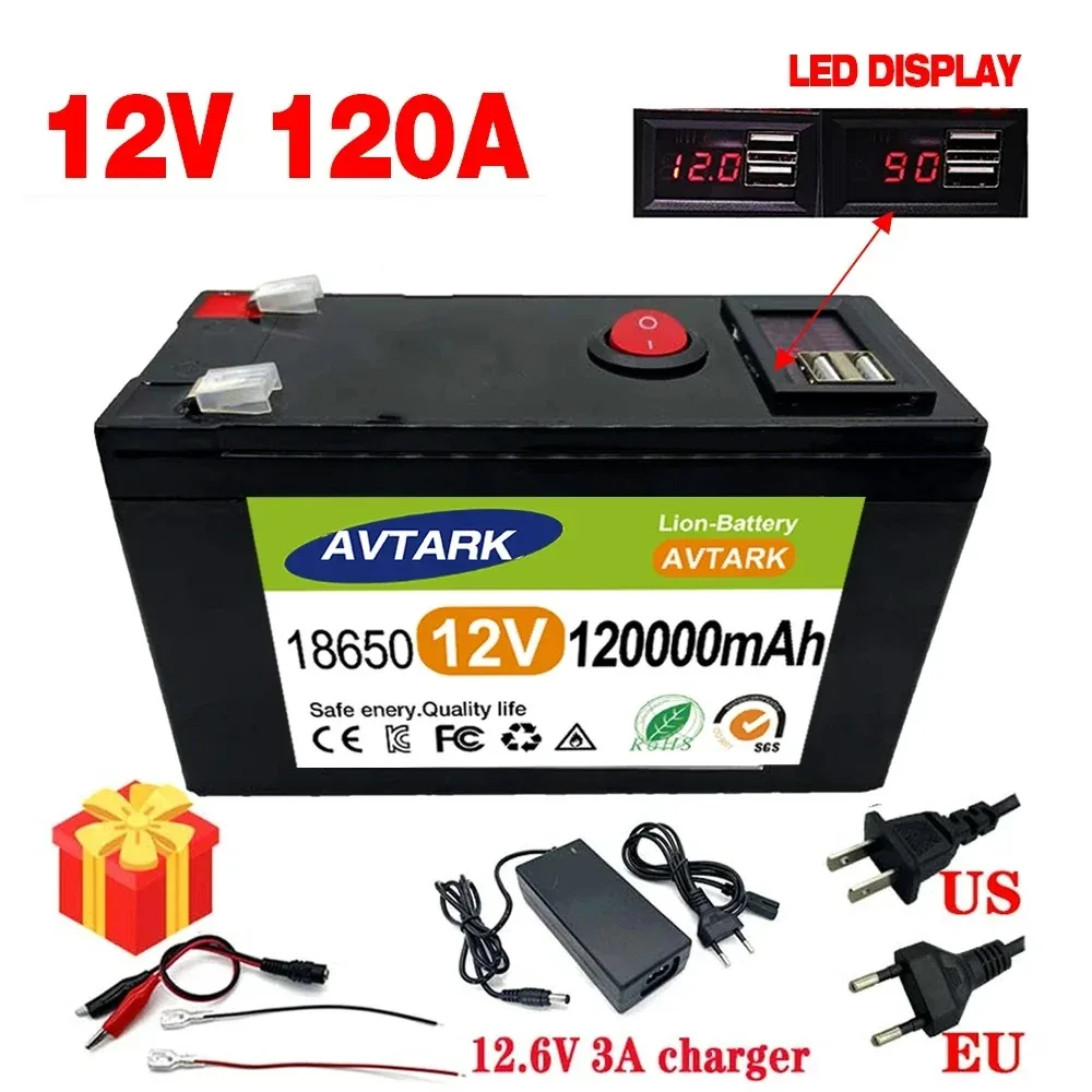 

2024 Upgraded LiFePO4 Lithium Battery 12V 120Ah Portable Rechargeable Battery Built-in 5V 2.1A Usb Power Display Port Charging