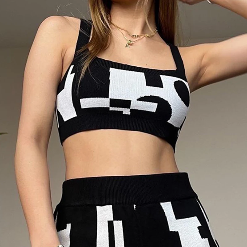 Cuteandpsycho Fashion Streetwear Sexy Geometric Knit Camisole Clubwear Vacation Women's Cropped Tops Casual Summer Aesthetic Tee white camisole